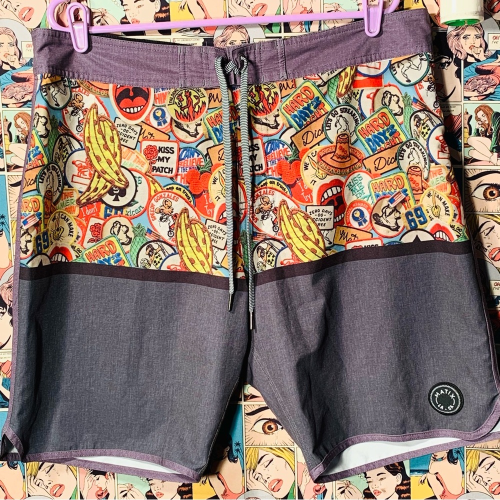 Matix Retro Sticker Bomb Board Shorts Grey Waist Mens 38